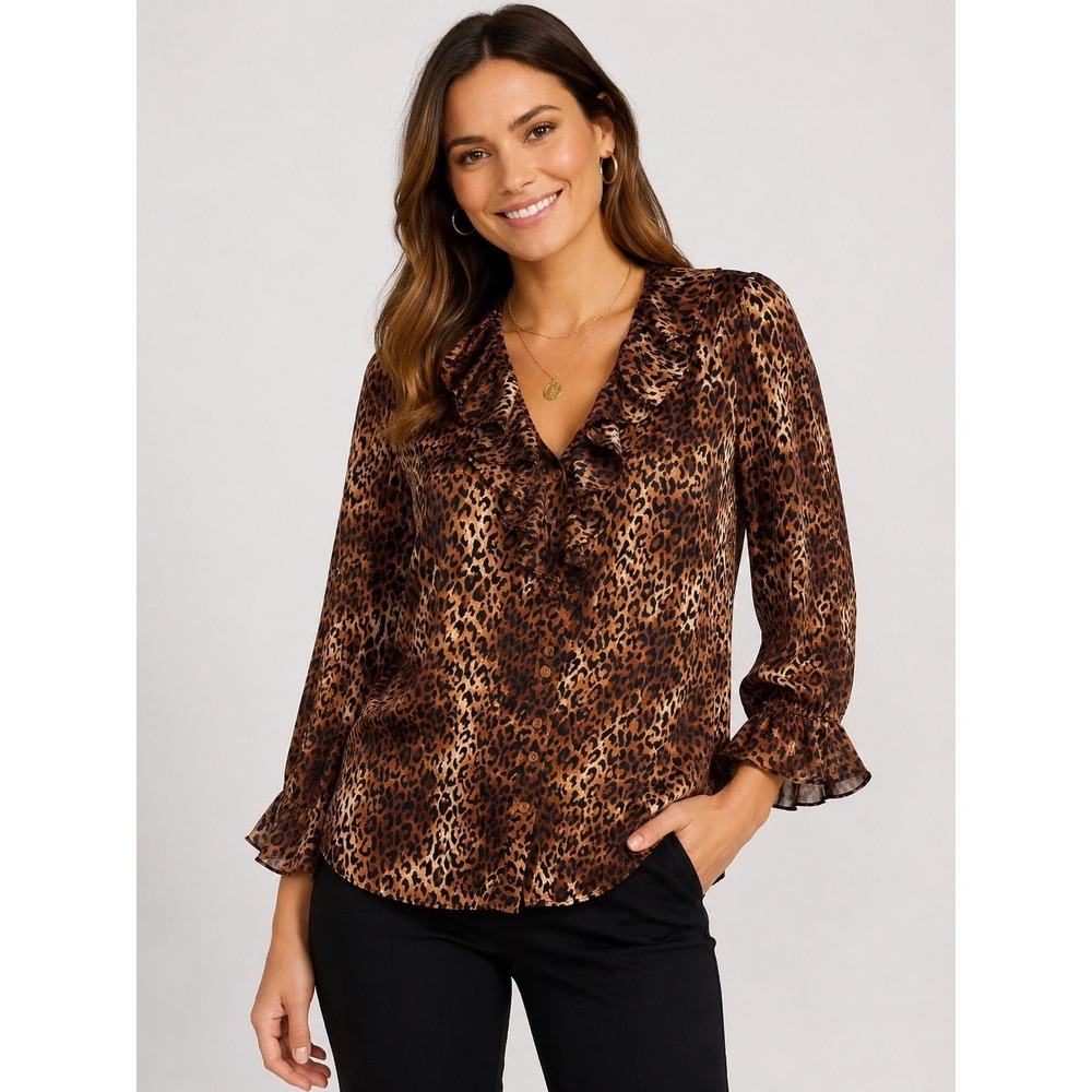 First Issue Liz Claiborne Leopard Print Ruffle Blouse Women's Large L